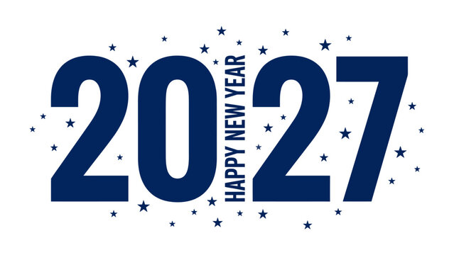 Happy New Year 2027 Typography: Bold navy blue numerals and text convey festive New Year greetings, surrounded by a scattering of small stars, creating a graphic celebration of the upcoming year.
