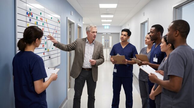 Senior Healthcare Administrator Leading Staff Huddle In Clinical Office