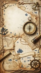 Naklejka premium Vintage nautical map with navigation tools and frame