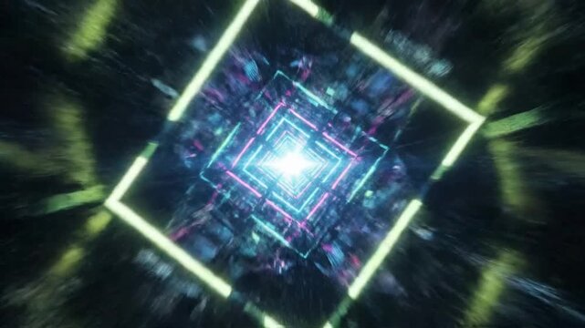 Explore an abstract neon square tunnel with bright lights and geometric patterns moving in space