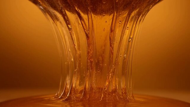 Mesmerizing golden liquid flowing with a rich, viscous texture, creating beautiful streams and alluring drips