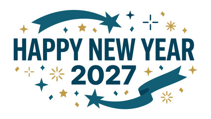 Happy New Year 2027 Celebration Banner: Festive graphic design featuring Happy New Year 2027 text surrounded by shooting stars, ribbons, and sparkles. © Mohiuddin123