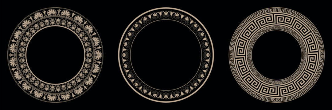Greek gold round frames on black background. Vector set of borders for design.  Pattern of Greece, Ancient Rome. Typical Egyptian, Assyrian, Greek motif. For textile, engraving, forging, embroidery