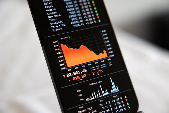 Smart phone display shows market data and a falling German stock market chart, recession, crash. Risk, volatility, wireless technology, internet trading, online broker, financial market, invest.
