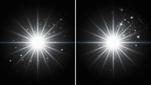 Two bright lights shine with rays and particles on a dark background