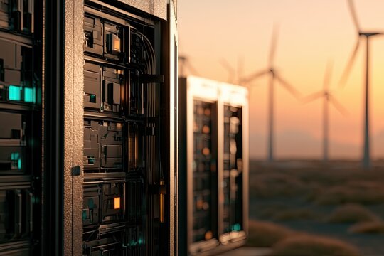 Server racks in arid landscape with wind turbines at sunset