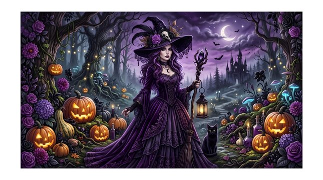 A mysterious witch in a purple dress and hat standing in a magical forest at night with glowing jack o lanterns, a black cat, and a distant castle under a crescent moon, fantasy Halloween scene.