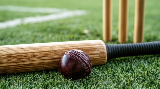 A cricket bat and ball lie on a manicured field with wickets in background