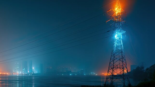 Electrified transmission tower glows orange and blue at night, illuminating a city skyline