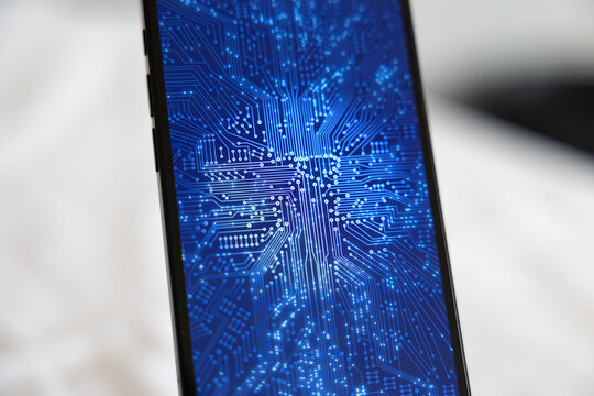 Close-up smart phone, digital connections on screen, circuit board, data flow, machine learning, big data. Digital hardware, equipment, wireless technology, data processing, bit, motherboard.