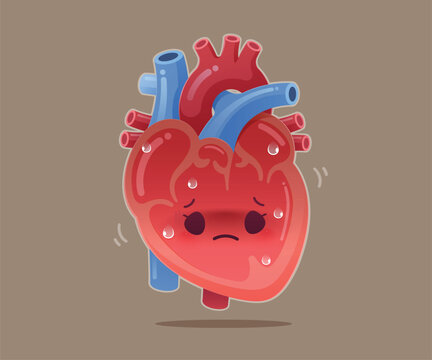 Cartoon heart character showing fatigue, sweating, and discomfort representing bradycardia and arrhythmia. Medical illustration isolated on a plain background. Heart disease, Heart attack, Heartbeat