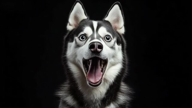 A determined husky dog with its paws outstretched and mouth wide open as if it is roaring or barking.