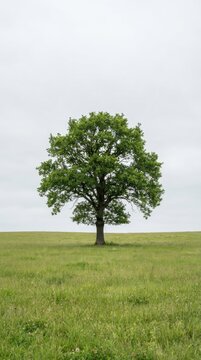 Single oak tree in a green field under cloudy sky