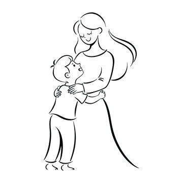 Mother And Child Embrace Black Line Art silhouette Illustration