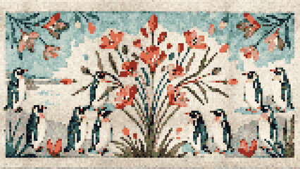 Fototapeta premium Wide Watercolor Cross Stitch Penguin Coastal Rookery