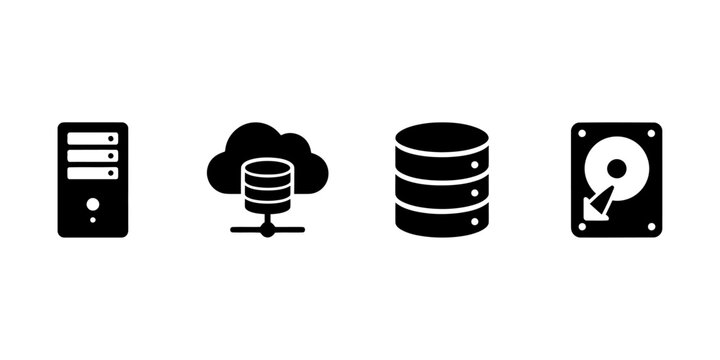 Black and white icons of computer server, cloud storage and hard drive