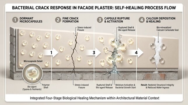 Facade Plaster Bacteria Process Flow Across Fine Crack Stages