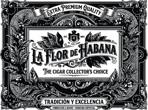 Vintage style cigar box label design with ornate decorative frame and tobacco leaf illustrations.