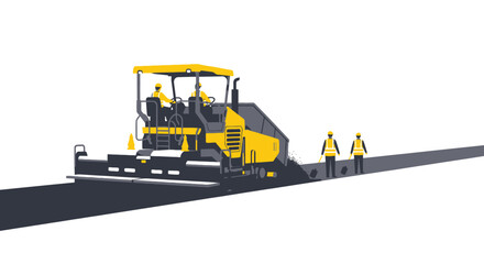 Obraz premium Asphalt Paver Machine and Workers Building Road. Industrial Illustration of Civil Engineering, Highway Paving, Infrastructure Development, and Construction Crew on White.