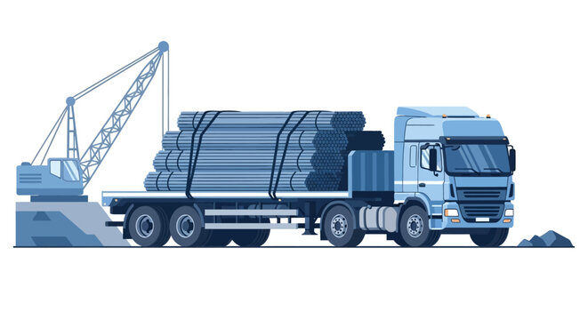 Heavy Duty Semi Truck Transporting Steel Pipes at Industrial Construction Site Vector Illustration