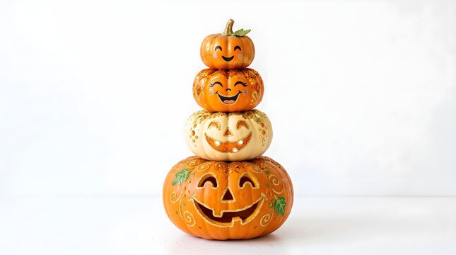 A vertical stack of four carved pumpkins with smiling faces, decorated with glitter and intricate patterns, isolated on a white background, representing a creative and festive halloween decoration.