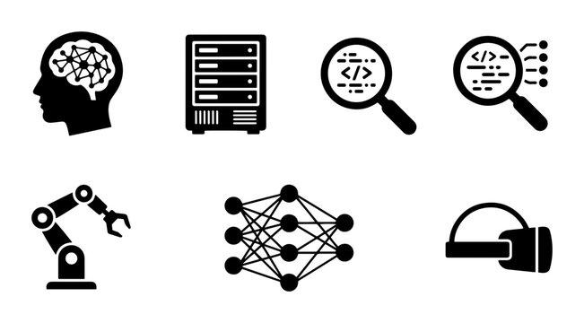 AI and Machine Learning Icons: Neural Network, Robot Arm, VR Headset, Server, Brain