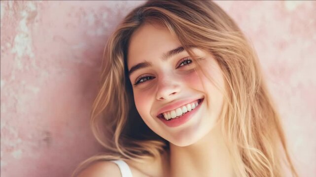 Pretty woman laughing and showing white teeth with joy and confidence in her expression.