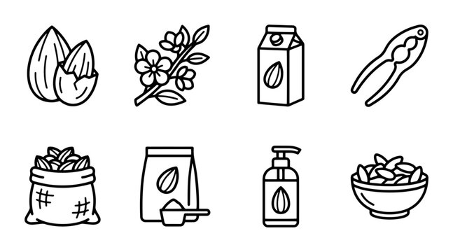Almond Icons Set: Nuts, Milk, Flour, Oil, Branch, Nutcracker, Bag, Bowl