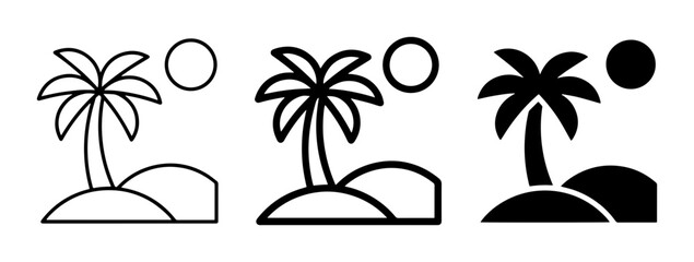 Tropical Island Icons: Palm Tree, Sun, and Landscape Variations for Travel and Summer Themes © Sizan