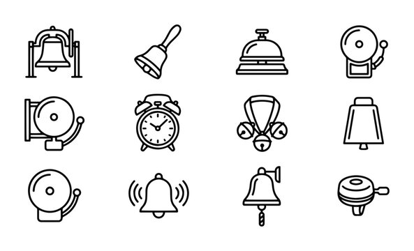 Bell Icons Set: Vintage Alarm, School, Service, Bicycle Bells, Vector Graphics