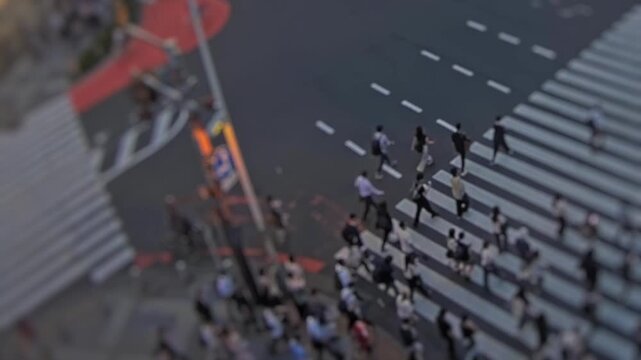 Tilt shift timelapse view of people crossing a busy intersection in Tokyo, Japan. Urban street scene with zebra crossings and commuter movement.