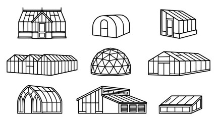 Greenhouse and Glasshouse Architecture Line Icon Set for Smart Agriculture Botanical Garden Nursery Plant Cultivation and Sustainable Farming System Vector Illustrations © MdSabbir
