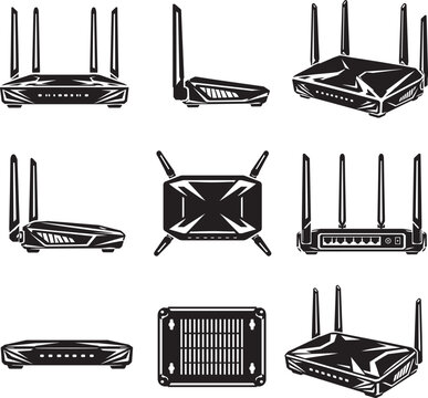 WiFi Router Vector Icon Set in Multiple Views Black and White Minimal Illustration