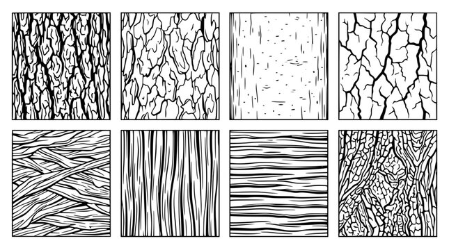 Tree Bark Textures and Natural Wood Grain Line Art Set for Seamless Organic Background Patterns Rustic Timber Branding and Forestry Graphic Designs Vectors