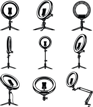 Ring Light with Phone Holder and Tripod Stand Vector Icon Set in Multiple Views Black and White Minimal Illustration