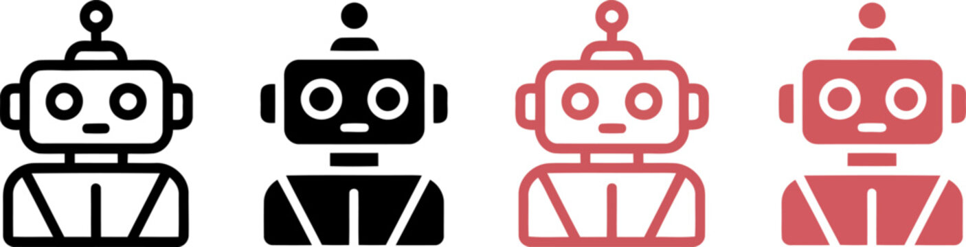 Four different colored robot icons in simple line style design