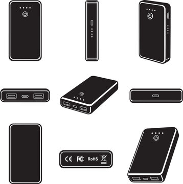 Portable Power Bank Vector Icon Set in Multiple Views, Black and White Minimal Illustration