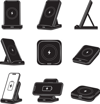 Wireless Charging Pad and Stand Vector Icon Set in Multiple Views Black and White Minimal Illustration
