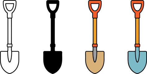 Four different colored shovels with various handle and blade designs © vector2029
