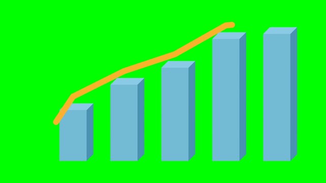 Graphic illustration of a blue bar chart with a yellow upward trend line on a green background.
