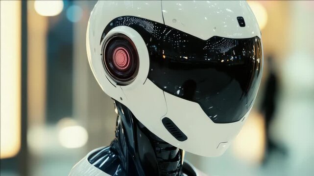 High-tech robot featuring a complex interface on its face, set against a futuristic backdrop.