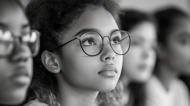 A young child with glasses looking thoughtfully to the side. The classroom is filled with other students seated in rows of desks. The focus is on the child's thoughtful expression and glasses.