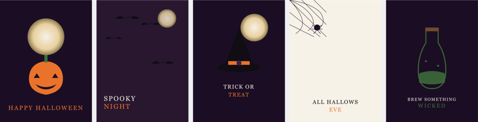 Minimalist Halloween greeting card set, 5 modern vector posters with pumpkin and spider, spooky night party invitations with moon and potion © R studio