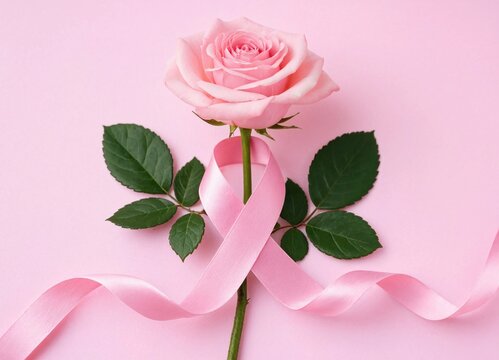 Pink rose and ribbon arrangement symbolize hope and breast cancer awareness on soft pink backdrop.