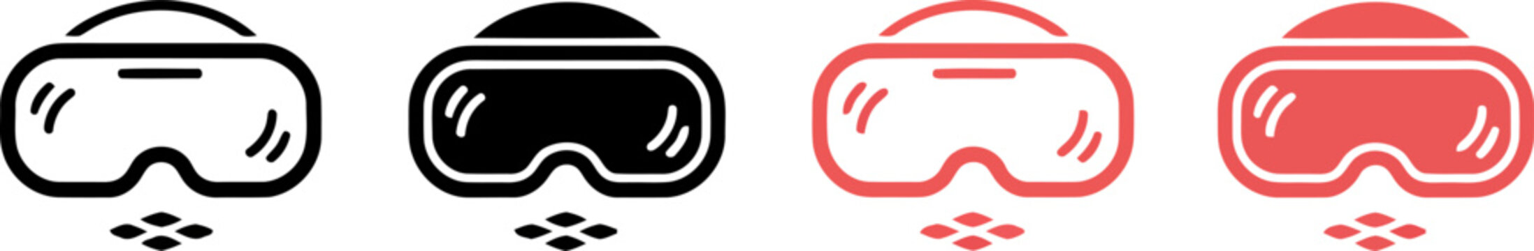 Four different colored ski goggles in line on white background