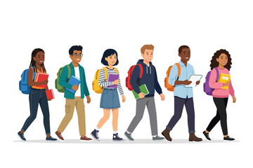 Obraz premium Diverse students walking with backpacks and books illustration