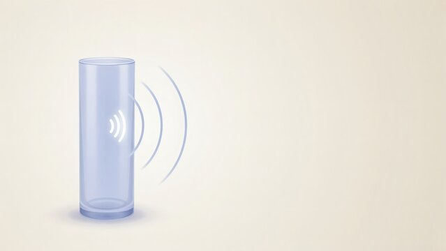 A sleek, transparent glass cylinder with a wireless charging symbol emitting signals on a clean background.