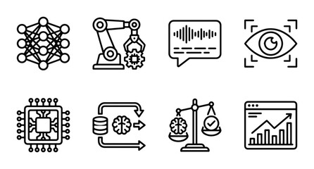 Fototapeta premium AI and Machine Learning Icons: Neural Network, Robot Arm, Audio Wave, Eye Scan, CPU Chip, Data Flow, Ethics Scale, Analytics Chart
