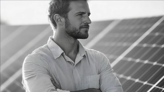 Man stands before solar panels, arms crossed. Black and white frame highlights modern energy theme. He wears casual shirt, gazes thoughtfully ahead. Background shows rows of solar arrays