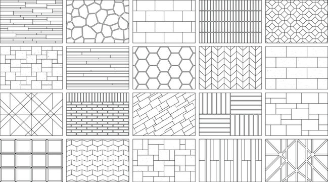 Set of seamless architectural paving patterns and stone texture tiles for landscape floor plans and construction design